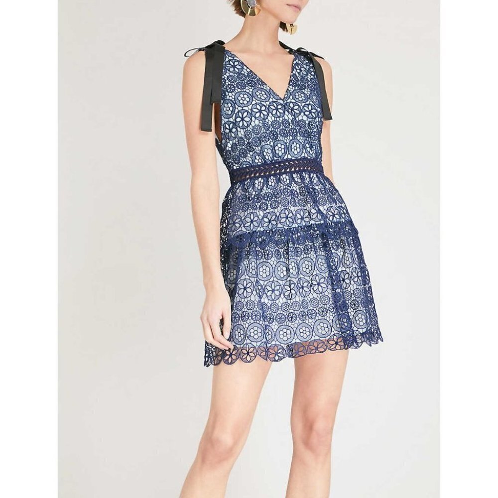 NWT Self-Portrait Bow Embellished Blue Lace Dress $428 - Picture 5 of 12